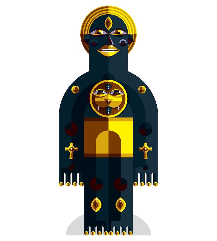 Vector ilustración de vector de tema de meditación, dibujo de una criatura espeluznante hecha en estilo modernista. ídolo espiritual creado en estilo cubista.