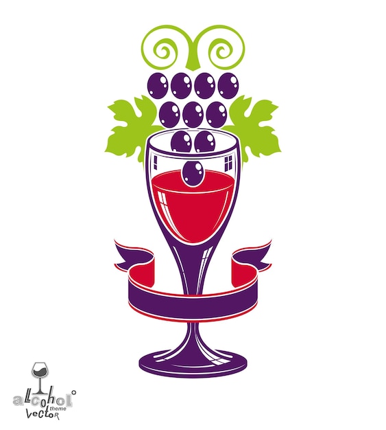 Vector ilustración de vector de tema de premio de bodega. copa de vino medio llena estilizada con racimo de uvas y cinta decorativa, símbolo de racemación mejor para su uso en publicidad y diseño gráfico.