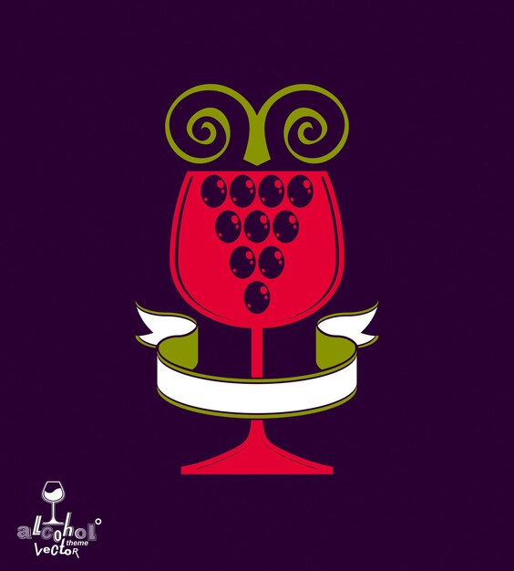 Ilustración de vector de tema de premio de bodega. Medio vaso de vino estilizado con vid de uva y cinta decorativa, símbolo de racemación mejor para su uso en publicidad y diseño gráfico.