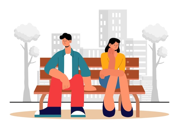 Ilustración del vector de tensión de la relación con una pareja joven discutiendo y sentada por separado expresando su desacuerdo en un fondo plano de dibujos animados