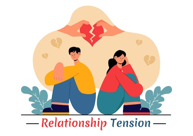 Ilustración del vector de tensión de la relación con una pareja joven discutiendo y sentada por separado expresando su desacuerdo en un fondo plano de dibujos animados
