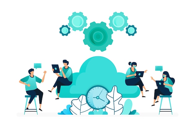 Ilustración de vector de tiempo de computación en servidores de almacenamiento y alojamiento. administrar la sincronización de la red en la nube. grupo de trabajadores y trabajadoras. diseñado para sitio web, web, página de destino, aplicaciones, ui ux, póster, folleto