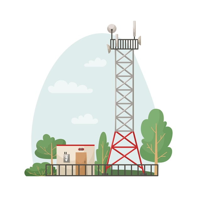 Vector ilustración de vector de una torre de comunicación celular de pie en un bosque. distribución de señal 5g, 4g. la internet. tecnologías modernas
