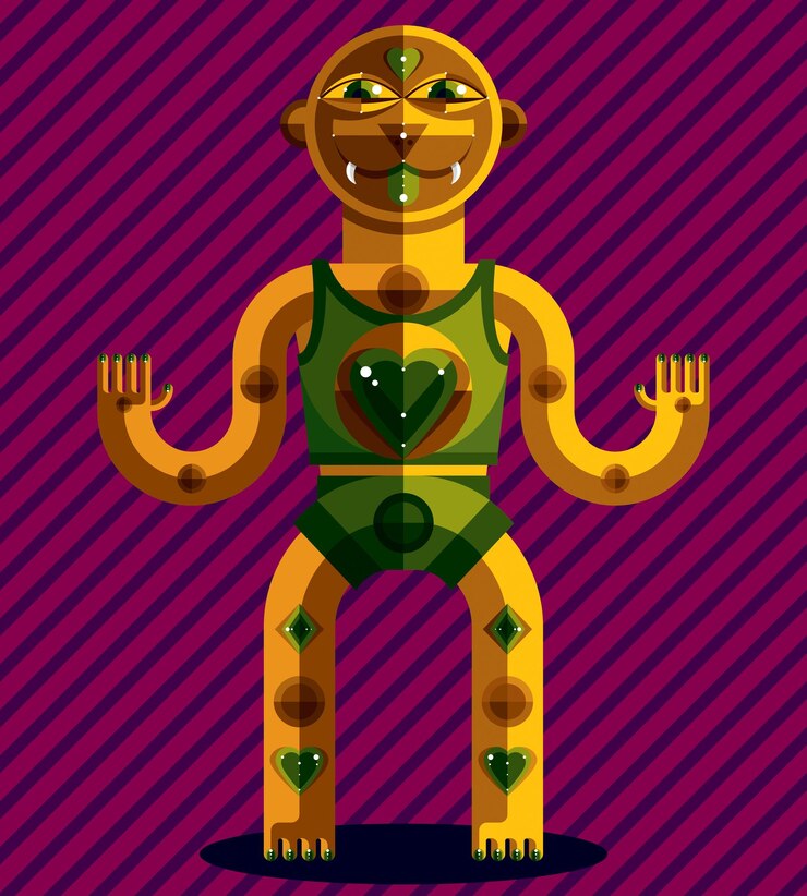 Vector ilustración de vector de tótem espiritual, dibujo de tema de meditación y yoga. carácter antropomórfico, ídolo místico aislado en un fondo decorativo de arte.