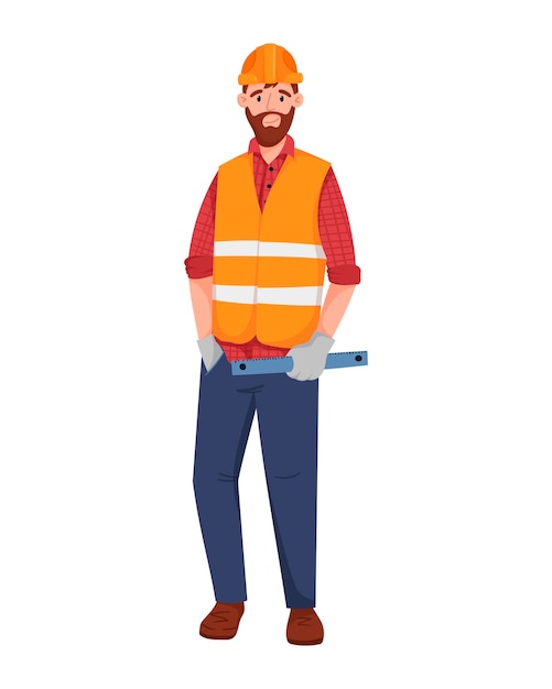 Ilustración de vector de un trabajador masculino de cuerpo entero con un chaleco de trabajo reflectante naranja. Un trabajador de la construcción o de la carretera con un casco de seguridad sostiene una regla en sus manos. Ilustración de dibujos animados brillante.