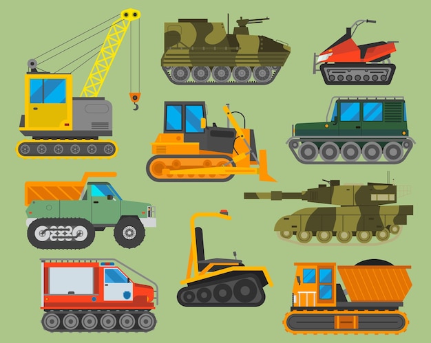Ilustración de vector de tractor excavadora oruga rastreado aislado sobre fondo. Tractor del equipo de la oruga de la maquinaria de la industria de la construcción. Equipo de oruga de transporte de vehículos topadora.