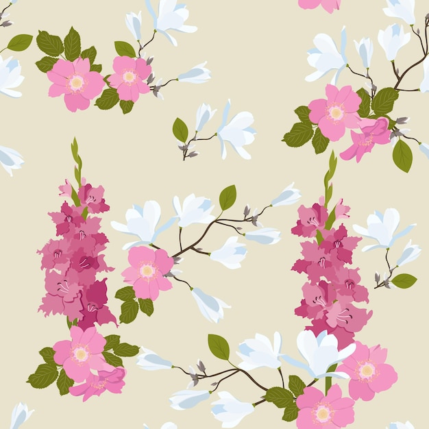 Ilustración de vector transparente con flores de magnolia rosa silvestre y gladiolos