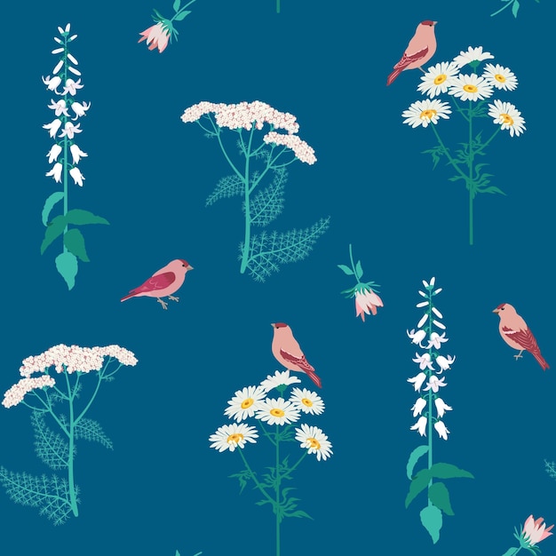 Ilustración de vector transparente con flores silvestres y pájaros sobre un fondo azul oscuro