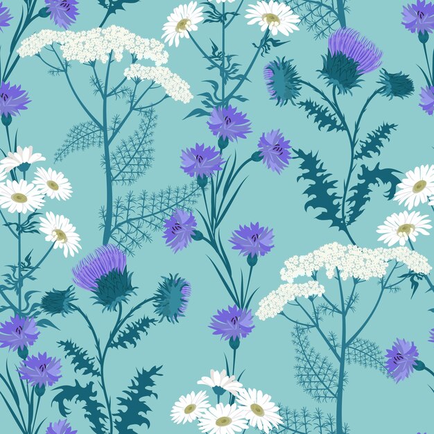 Ilustración de vector transparente con flores silvestres sobre un fondo azul para decorar embalajes textiles y papel tapiz