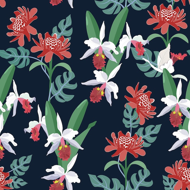 Ilustración de vector transparente con hermosas orquídeas tropicales etlingera y hojas