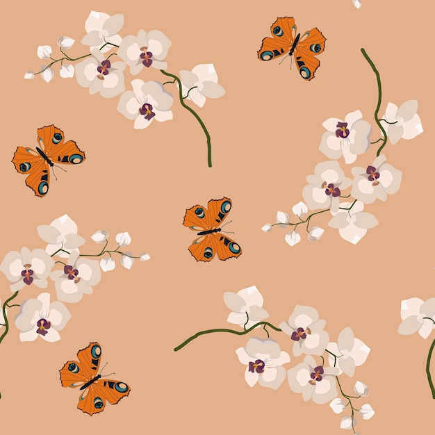 Ilustración de vector transparente con orquídeas y mariposas suaves