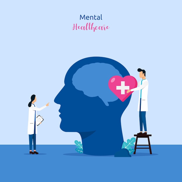 Ilustración de vector de tratamiento médico de salud mental. Los médicos especialistas trabajan juntos para brindar psicología terapia de amor para la salud mental mundial. para póster, volante, portada, impresión de redes sociales o sitio web
