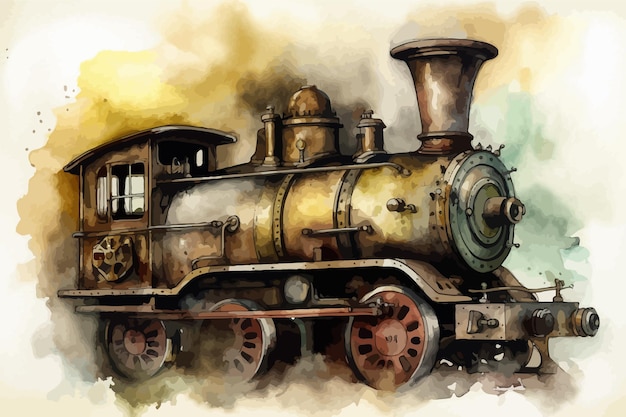 Vector ilustración de vector de tren antiguo acuarela tren grande antiguo locomotora en movimiento ferrocarril transporte vintage
