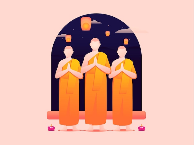 Ilustración de vector de tres monjes celebrando el día de Vesak