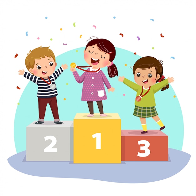 Ilustración de vector de tres niños con medallas en pedestal de ganadores.