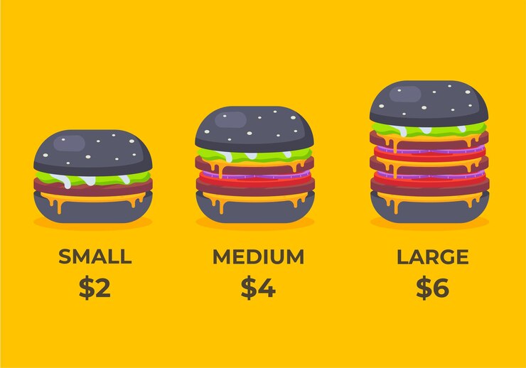 Vector ilustración de vector de tres tamaños de hamburguesas con precios