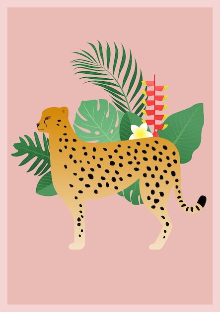 Vector ilustración de vector tropical con un guepardo y plantas