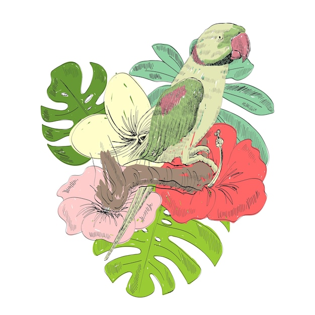 Vector ilustración de vector tropical con loro y flores