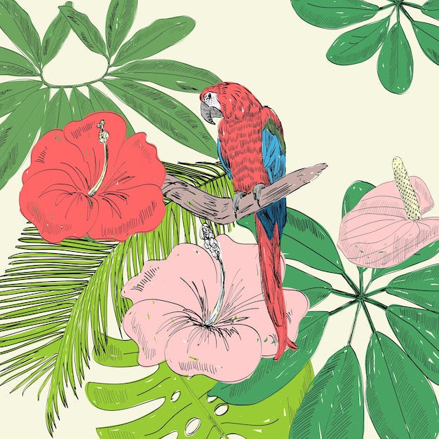 Ilustración de vector tropical con loro y flores