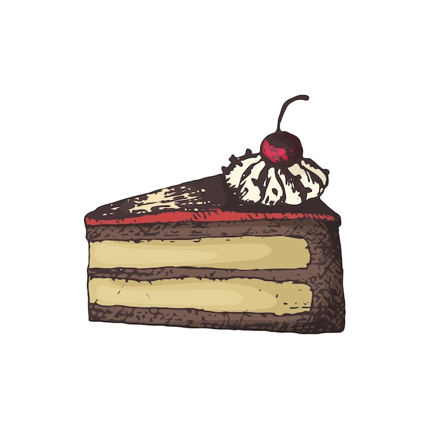 Ilustración de vector de un trozo de tarta con cerezas dibujadas a mano en color. Postre de repostería dulce para diseño de café y té para cafetería y pastelería y culinaria y panadería