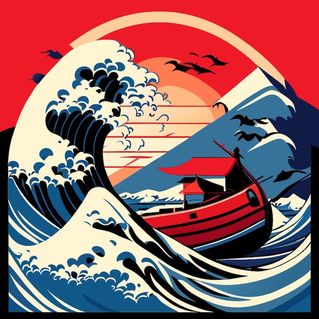 Ilustración del vector del tsunami y del barco