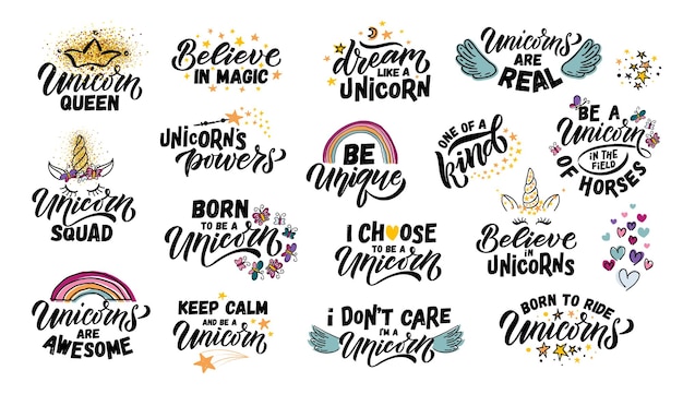 Vector ilustración de vector de unicornio bosquejado a mano con tipografía de letras diseño de citas motivacionales