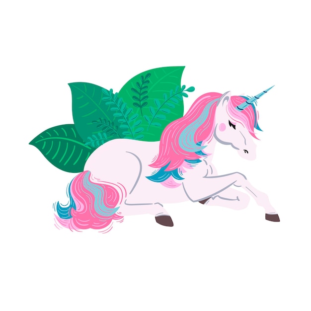 Ilustración de vector unicornio Unicornio blanco de ensueño con cabello rosa y azul Unicornio con hojas verdes