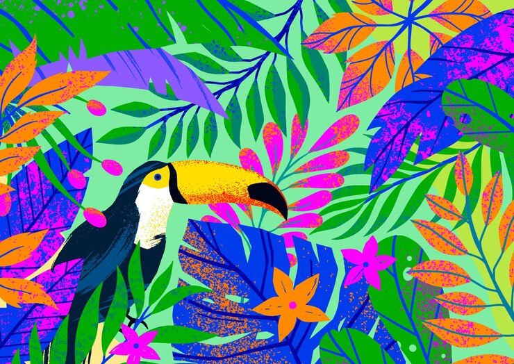 Vector ilustración de vector universal con hojas tropicalesflores y tucánplantas multicolores con textura dibujada a manofondo artístico perfecto para webimpresionesvolantespancartasinvitacionesredes sociales