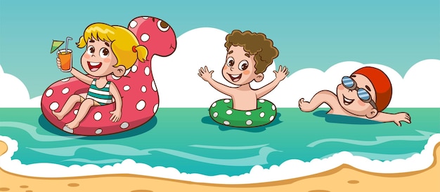 Ilustración de vector de vacaciones de playa de niños felices aislada