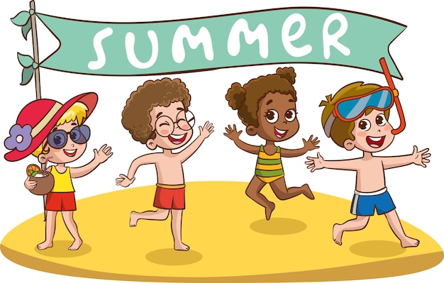 Vector ilustración de vector de vacaciones de playa de niños felices aislada