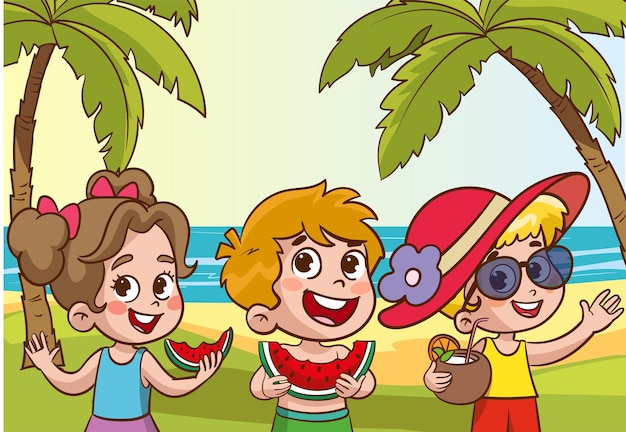 Ilustración de vector de vacaciones de playa de niños felices aislada