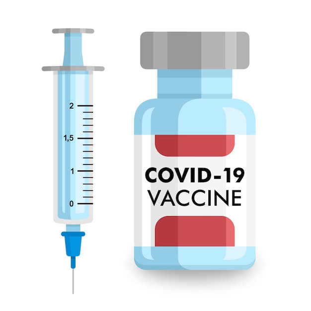 Ilustración de vector de vacuna covid19 Matraz médico y jeringa