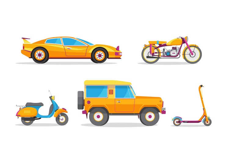 Vector ilustración de vector con vehículos amarillos aislados sobre fondo blanco.