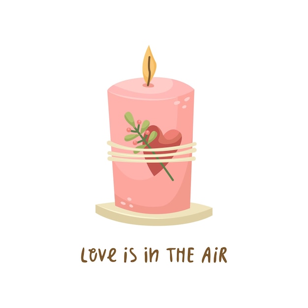Ilustración de vector de una vela rosa decorada con un corazón y una rama de una planta. Ilustración para el día de San Valentín.