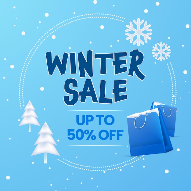 Ilustración de vector de venta de invierno con bolsas de compras copos de nieve y árbol