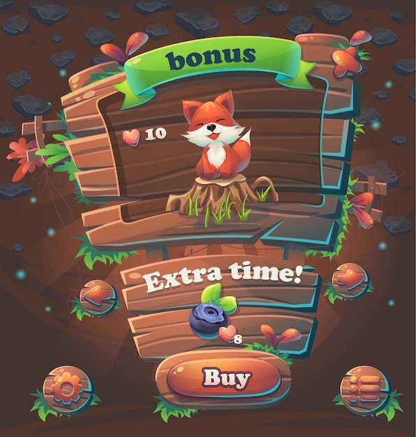 Ilustración de vector de ventana de bonificación de interfaz de usuario de juego de madera