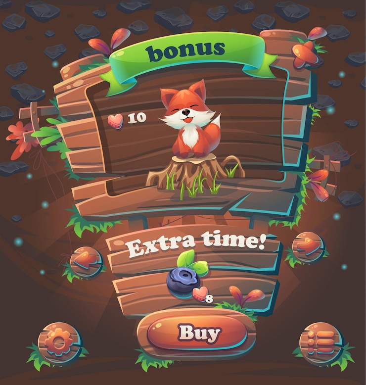 Vector ilustración de vector de ventana de bonificación de interfaz de usuario de juego de madera
