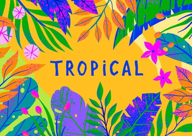 Ilustración de vector de verano con elementos y hojas tropicales brillantes