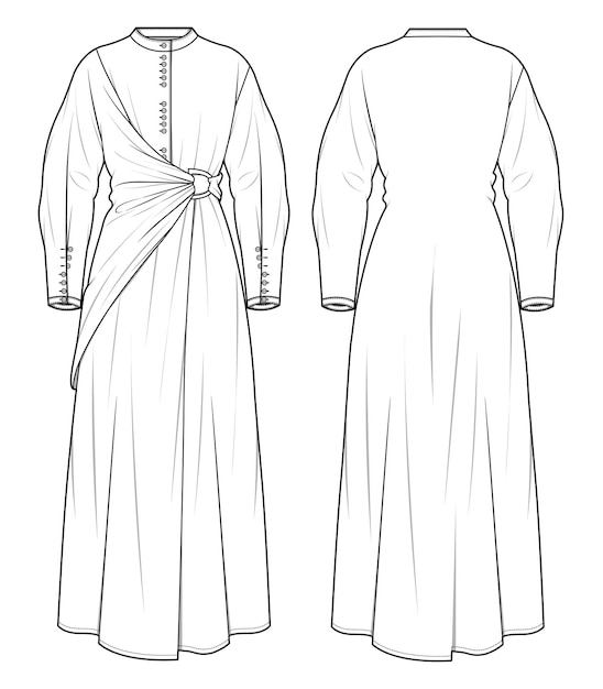 Ilustración de vector de vestido maxi con botón de manga larga hacia abajo plantilla de vector de capa de nudo frontal