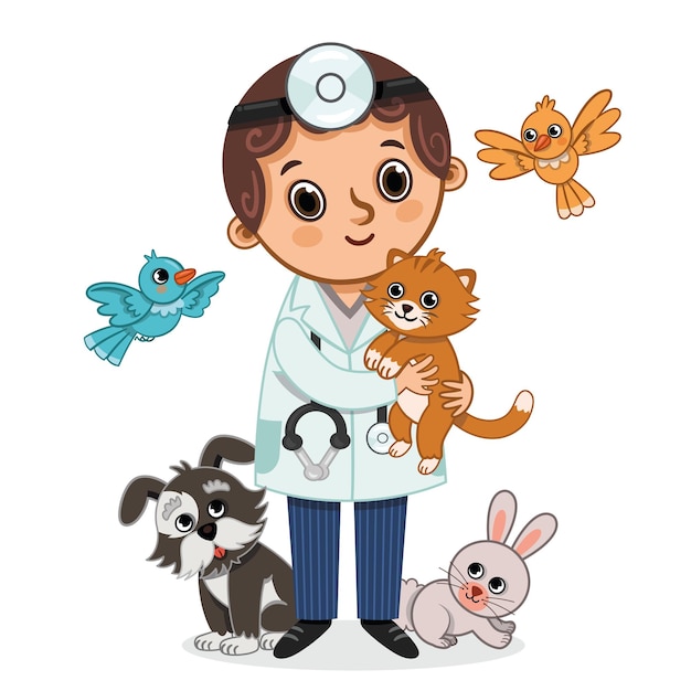 Ilustración de vector de veterinario y animales
