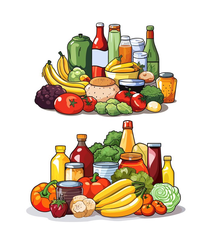 Ilustración de vector vibrante que muestra una variedad bellamente arreglada de artículos de comestibles