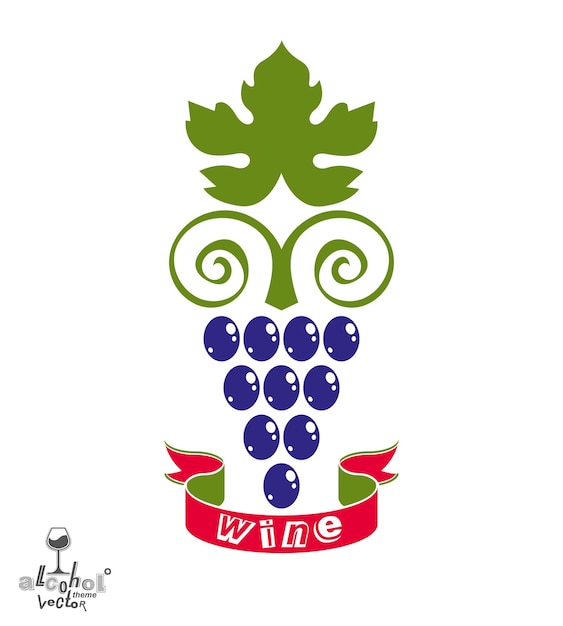 Ilustración de vector de vid de uva estilizada. Símbolo de bodega mejor para su uso en publicidad y diseño gráfico. Uva colorida con zarcillos de vid y hojas aisladas en blanco.