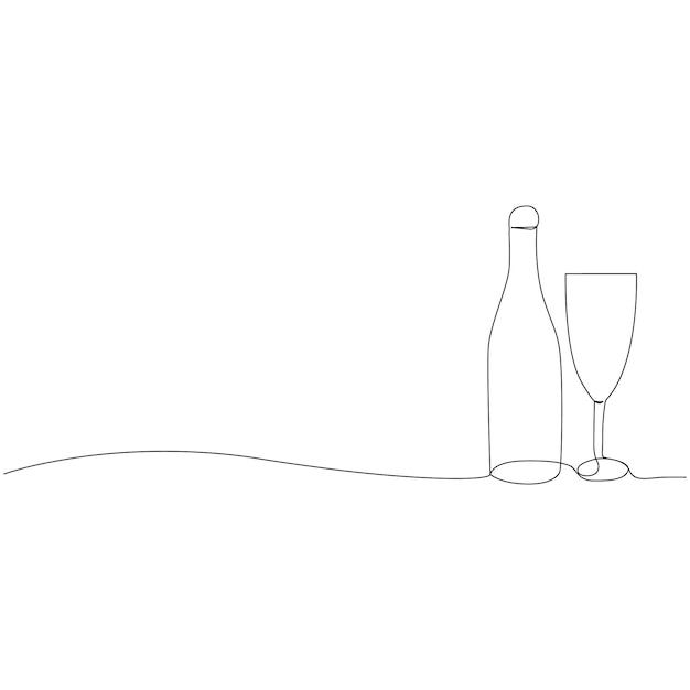 Ilustración de vector de vidrio y botella de vino de arte continuo de una línea
