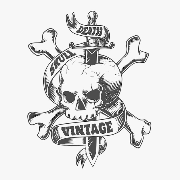 Ilustración de vector vintage de huesos cruzados de cráneo