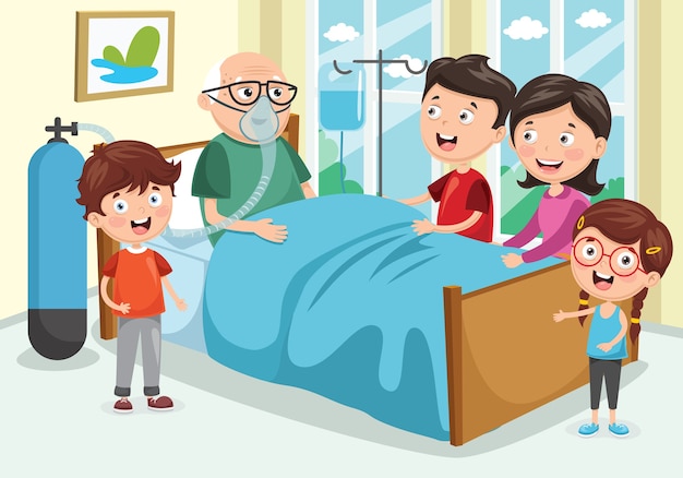 Ilustración del vector de la visita familiar abuelo en el hospital