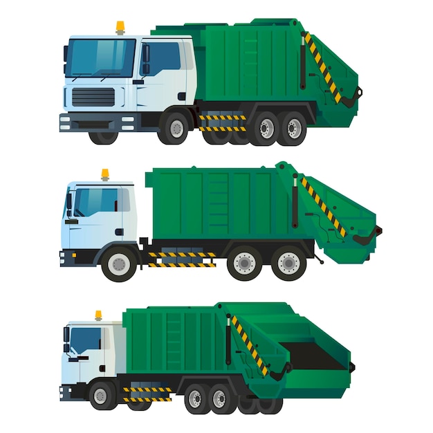 Ilustración de Vector de vista frontal y trasera de camión de basura