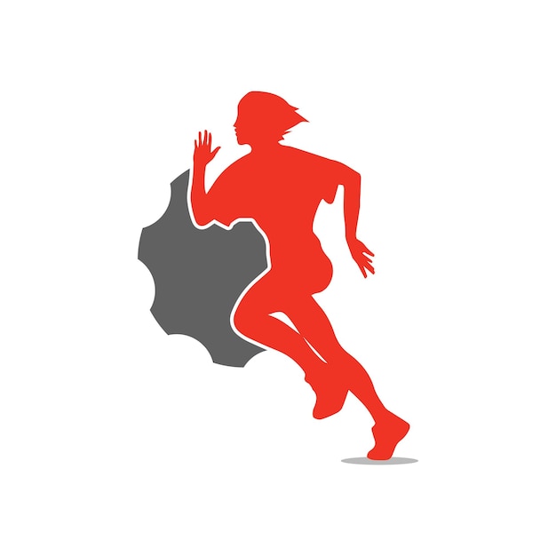 Ilustración de vector de vista lateral de mujer corriendo con el icono de color gris y naranja de engranaje