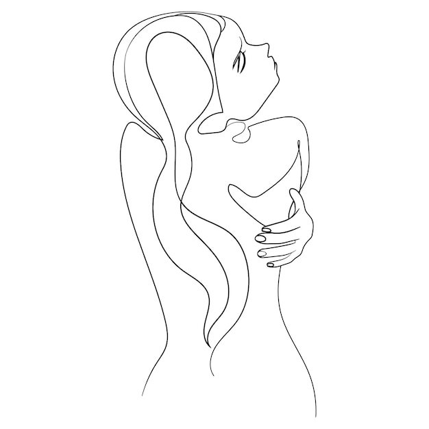 Ilustración de vector de vista trasera de cuerpo de mujer de una línea de moda. Chica se abraza a sí misma dibujo de línea continua