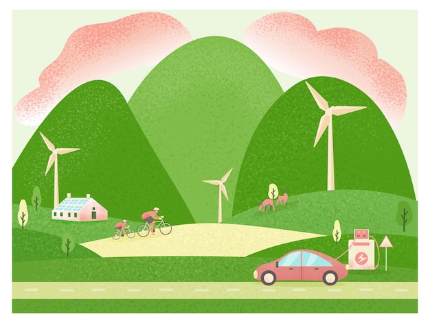 Ilustración de vector web de entorno urbano ecológico verde con turbina eólica de panel solar y personas
