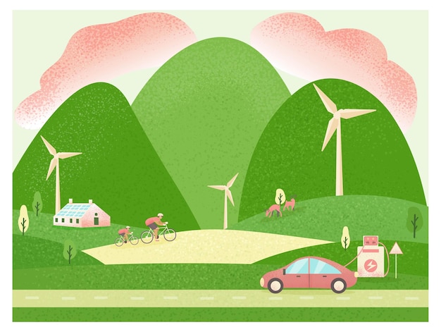 Vector ilustración de vector web de entorno urbano ecológico verde con turbina eólica de panel solar y personas